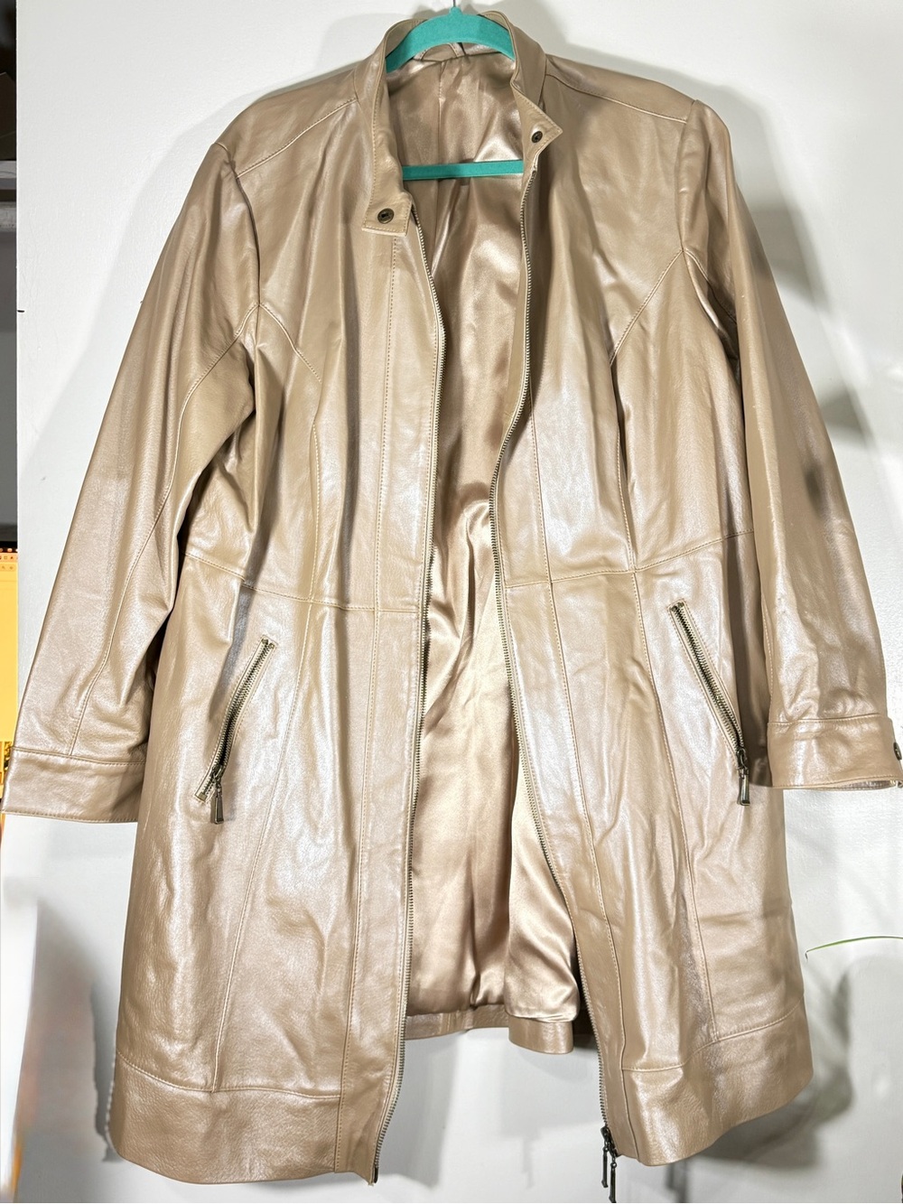 Women’s Taupe Leather Like Zip-Front Coat with Zipper Pockets - Picture 2 of 12
